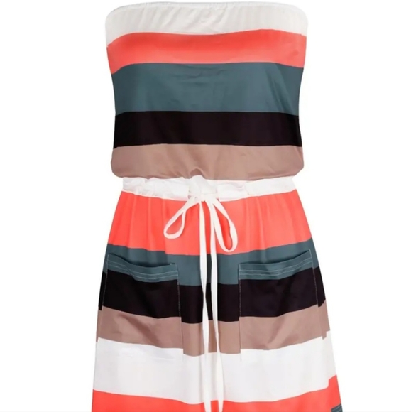 Striped Off Shoulder Dress, Casual Drawstring PocketsVacation Mini Dress, Womens - Picture 2 of 5